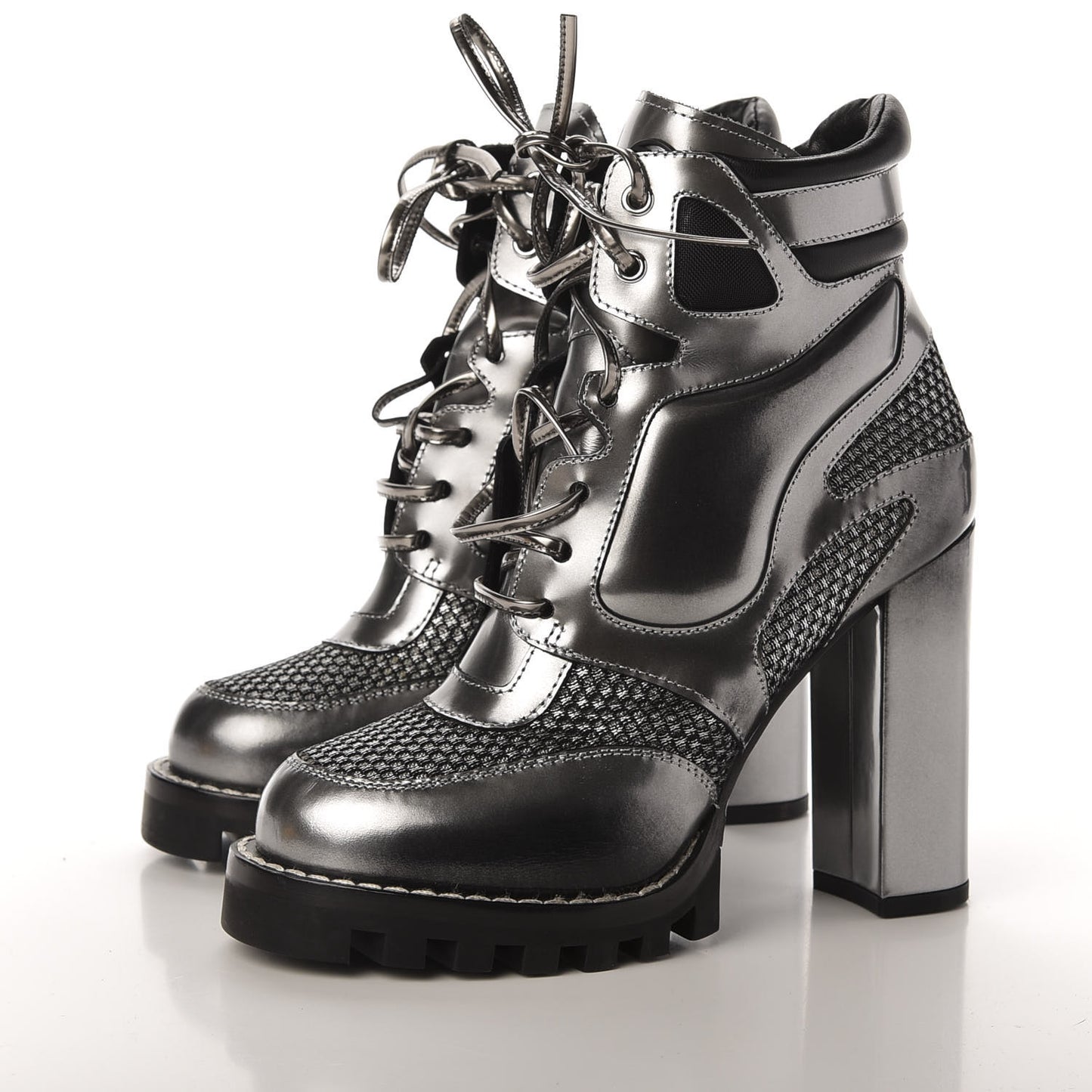 Metallic Calfskin Technical Fabric Digital Gate Ankle Boots 38 Silver