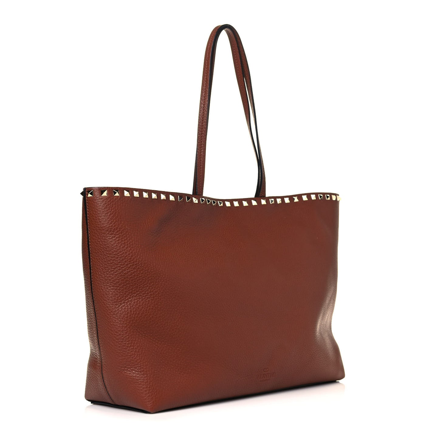 Grained Calfskin Rockstud Shoulder Tote Bright Cognac