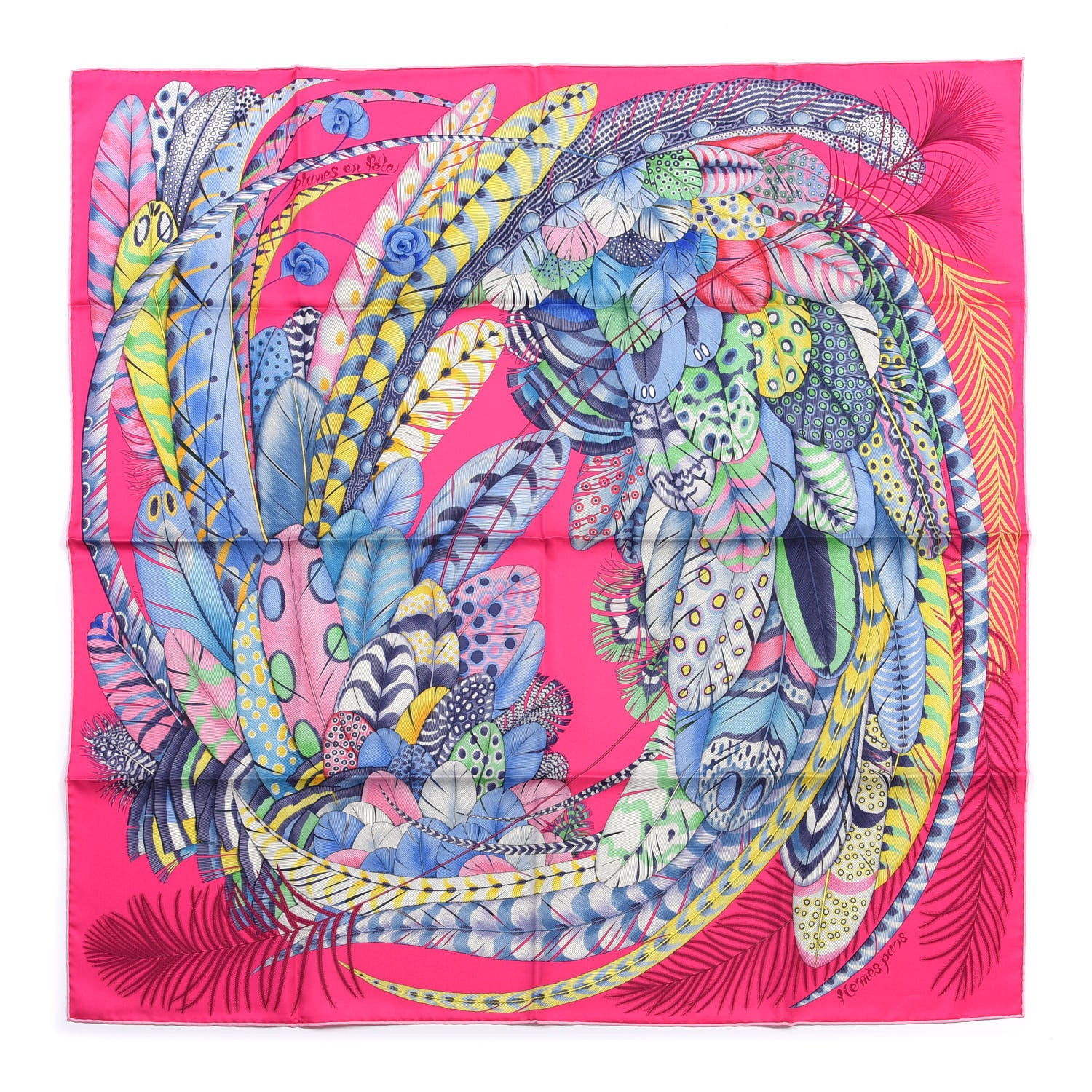 Hermes Silk Plumes En Fete Scarf 90 Rose Vif Bleu Vert 1 of 4