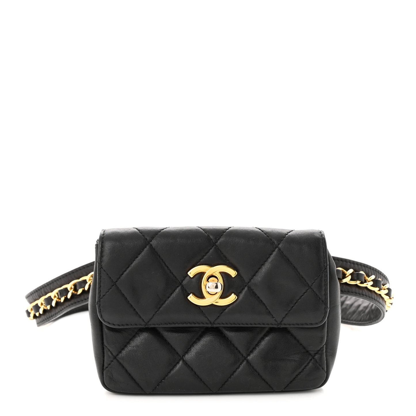 Lambskin Quilted Waist Chain Belt Flap Bag Black