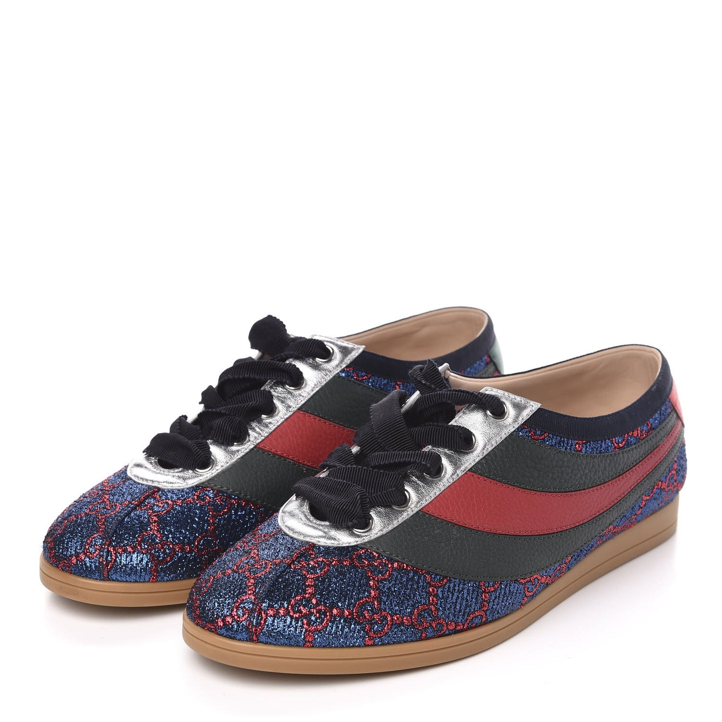 Lurex Calfskin Web GG Monogram Womens Falacer Sneakers 38 Iridescent Blue Iridescent Red Silver