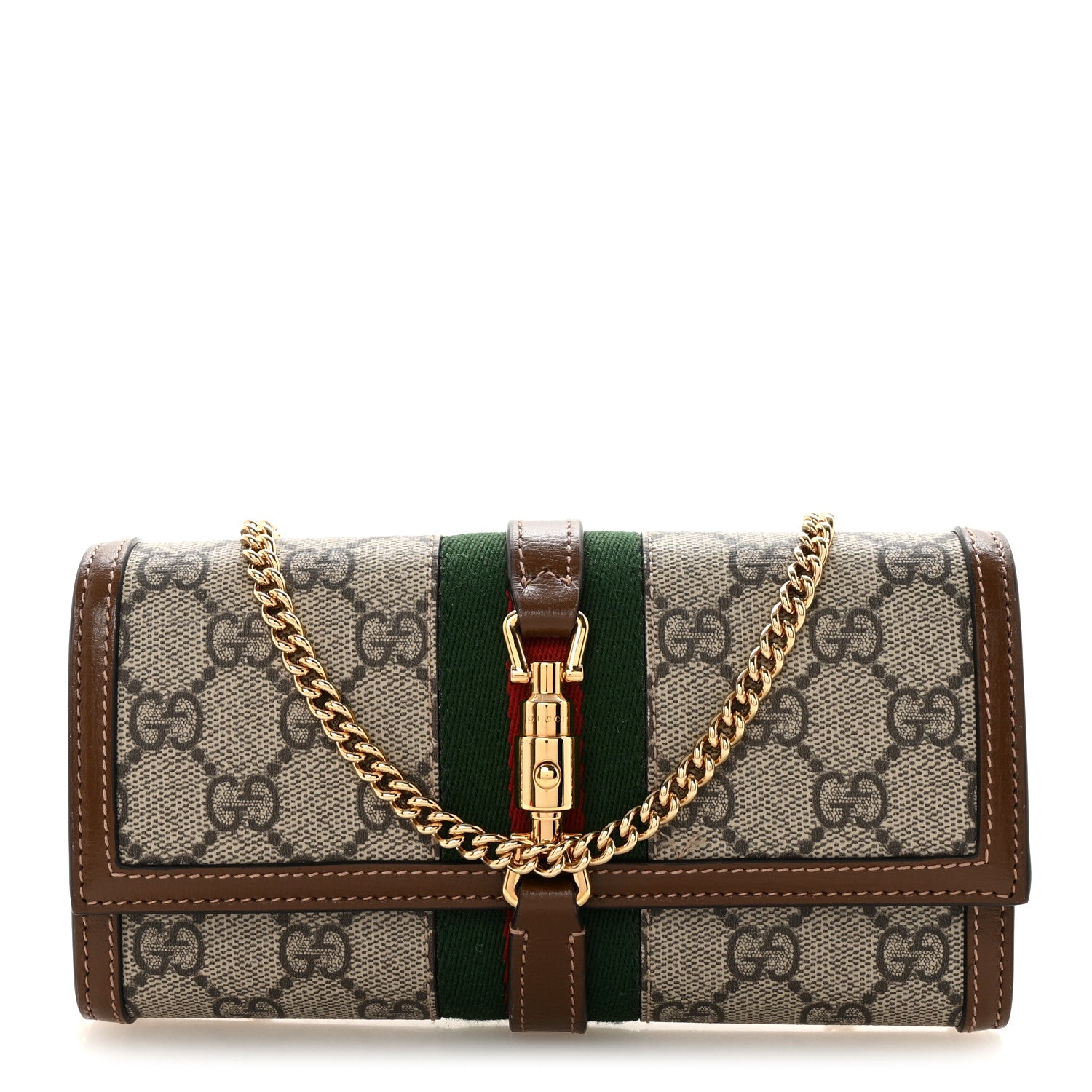 Gucci GG Supreme Monogram Azalea Calfskin Web Jackie 1961 Chain Wallet Beige Ebony Brown Sugar 1 of 10