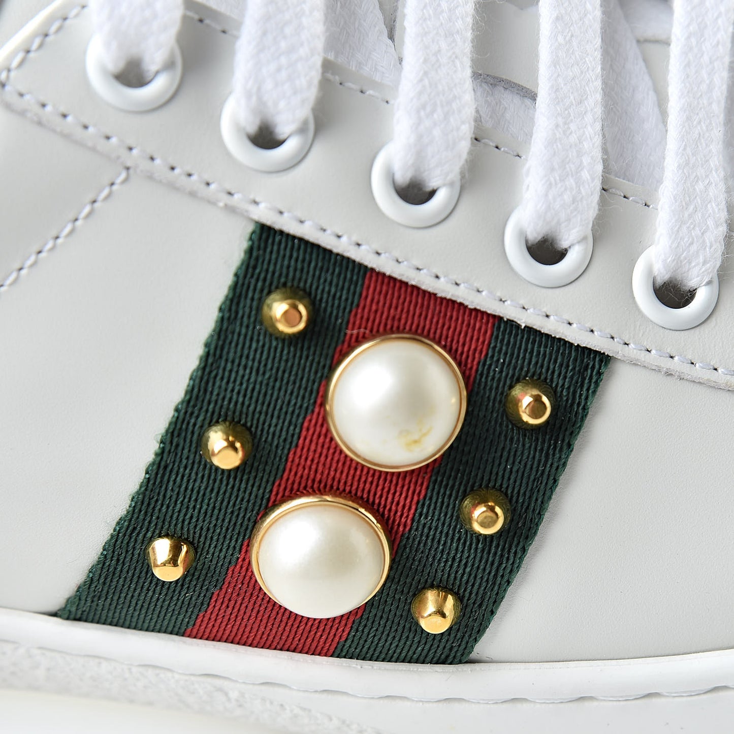 Calfskin Web Pearl Studded Womens Ace Sneakers 34 White