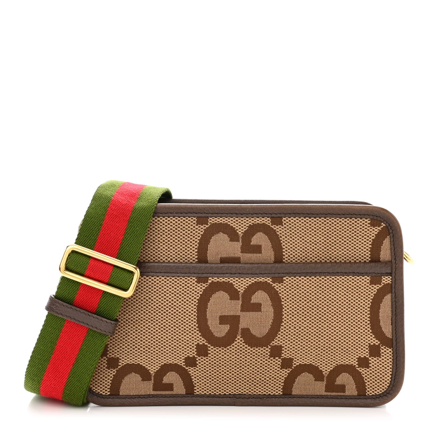 Gucci Monogram Jumbo GG Textured Dollar Calfskin Web Mini Crossbody Bag Camel Ebony New Acero 1 of 12