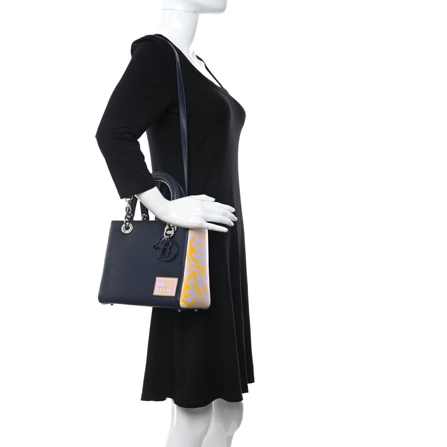 Calfskin Flower Printed Medium Lady Dior Navy Multicolor