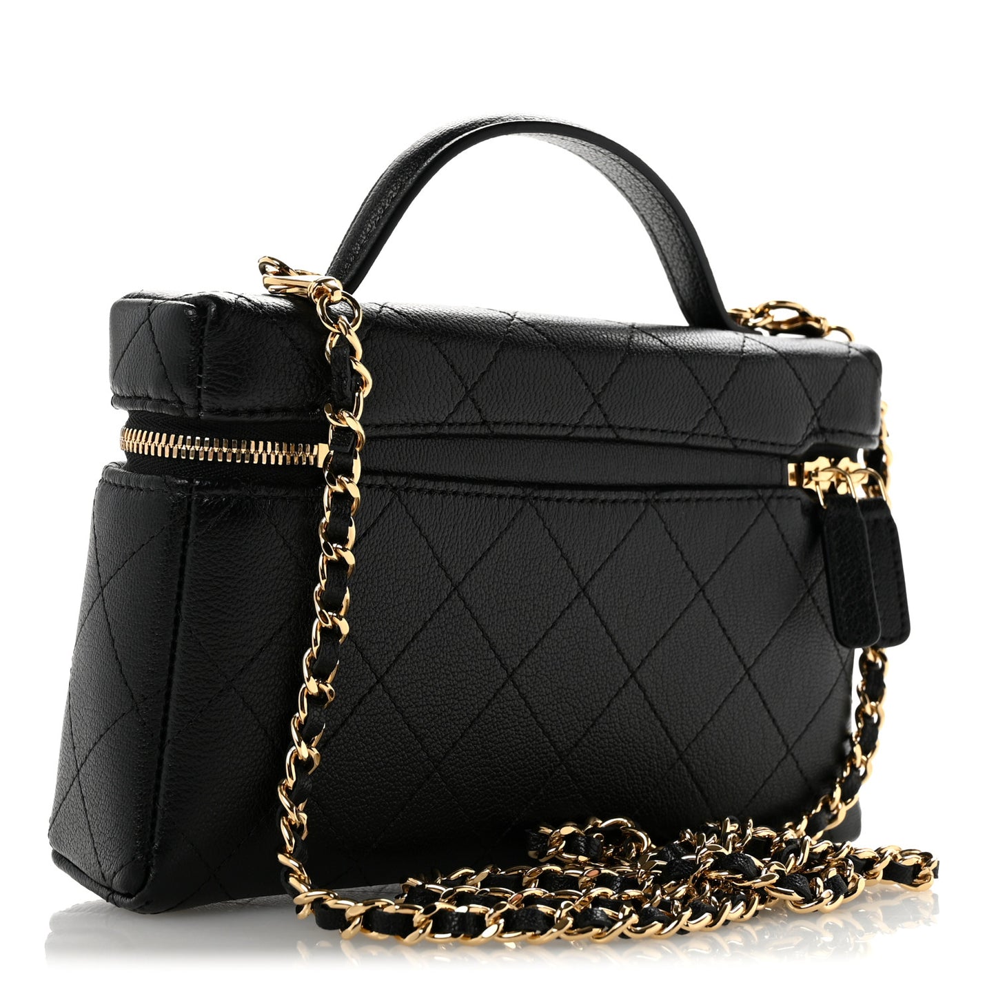 Goatskin Quilted Top Handle Slim Vanity With Chain Black