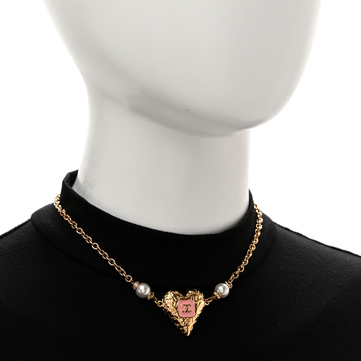 Resin Crystal Pearl Chain Heart CC Pendant Choker Necklace Pink White Gold