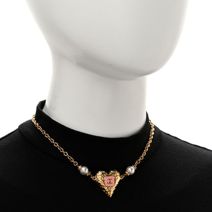 Chanel Resin Crystal Pearl Chain Heart CC Pendant Choker Necklace Pink White Gold 2 of 5