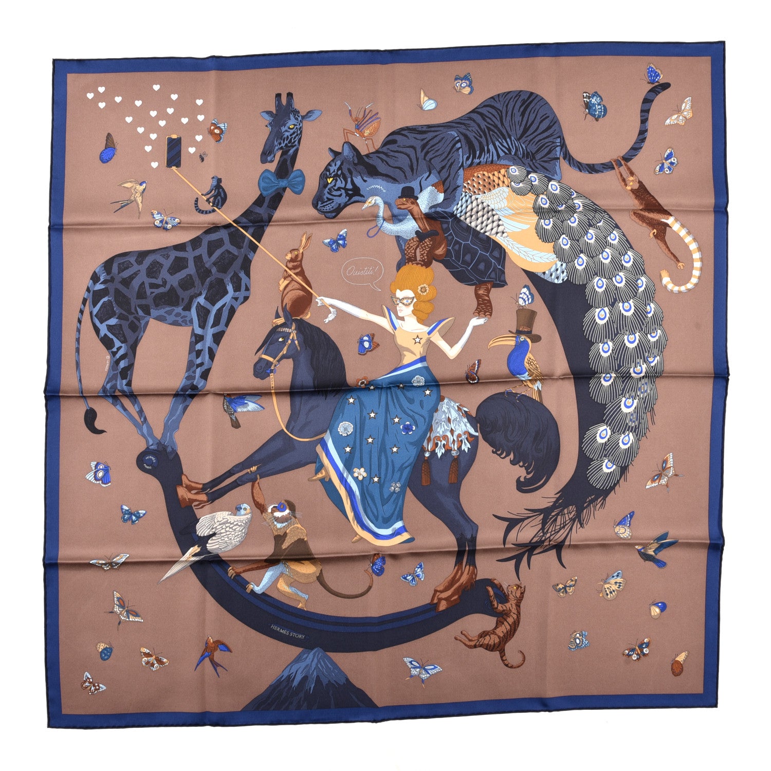 Hermes Silk Story Scarf 90 Marron Glace Bleu Nuit 1 of 6