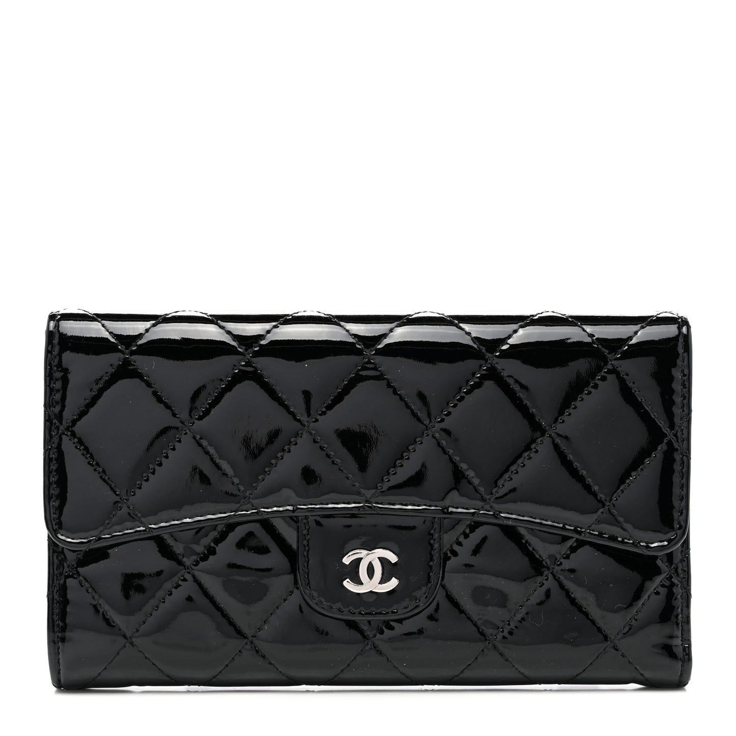 Patent Quilted Large Flap Wallet Black
