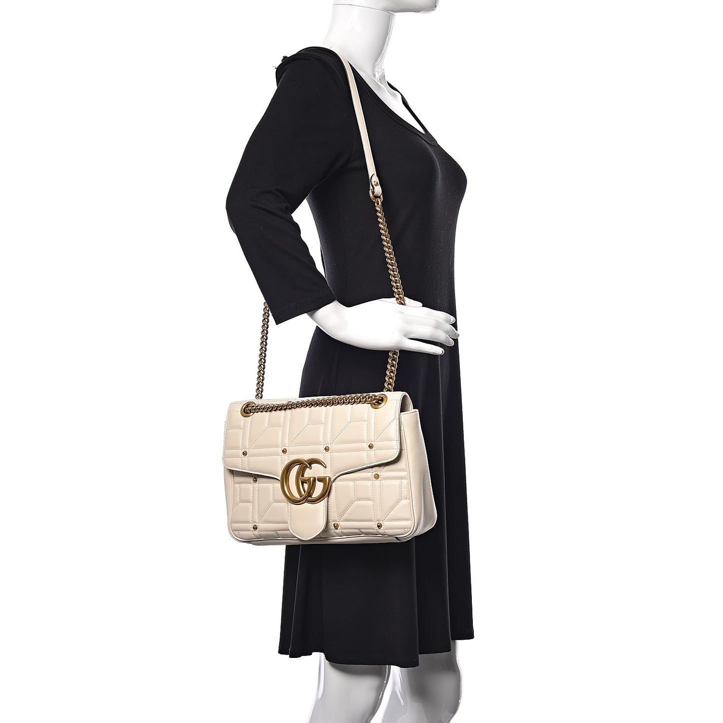 Calfskin Matelasse Studded Medium GG Marmont Shoulder Bag White