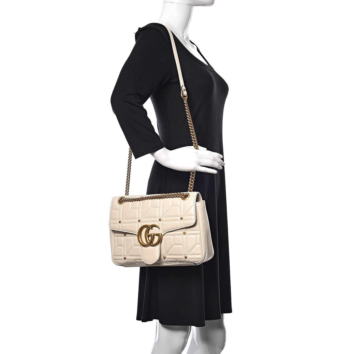 Gucci Calfskin Matelasse Studded Medium GG Marmont Shoulder Bag White 2 of 12
