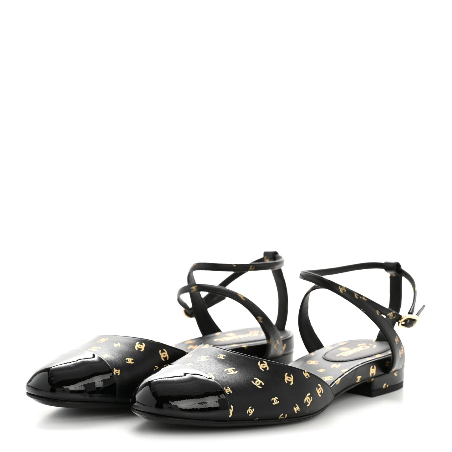 Printed Lambskin Patent Calfskin Cap Toe CC Slingbacks 36.5 Black Gold