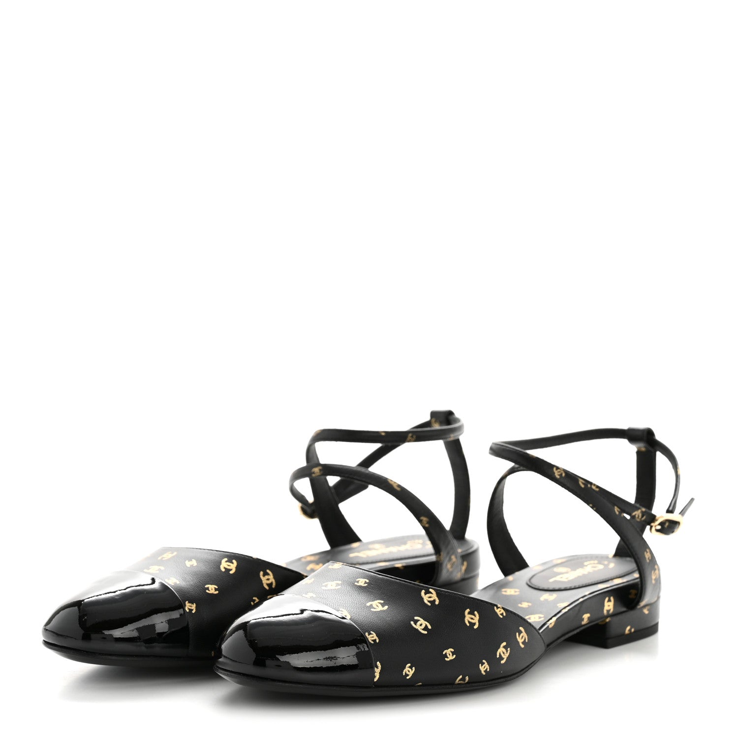 Chanel Printed Lambskin Patent Calfskin Cap Toe CC Slingbacks 36.5 Black Gold 4 of 10