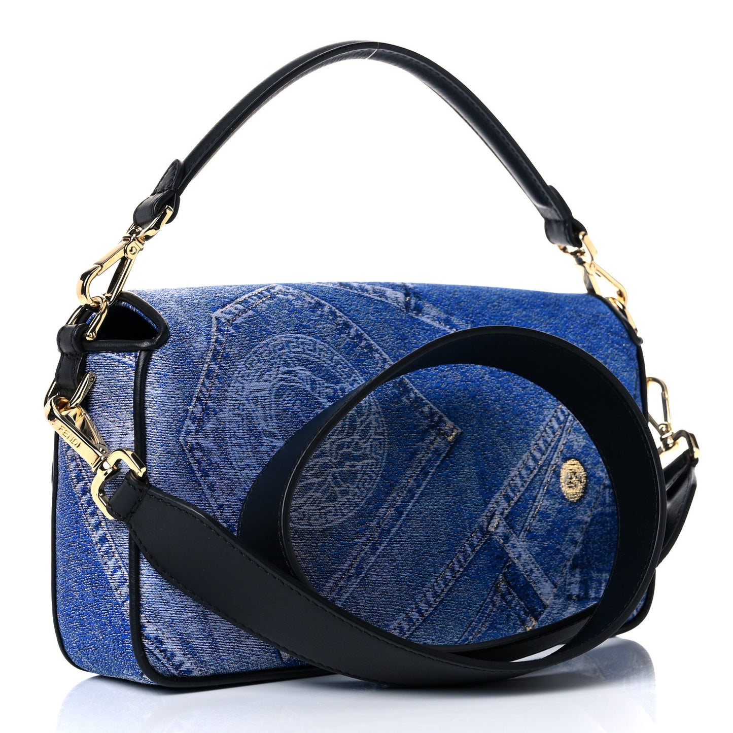 X FENDI Fabric Calfskin Medusa Denim Patchwork Print Baguette Blue Black Gold