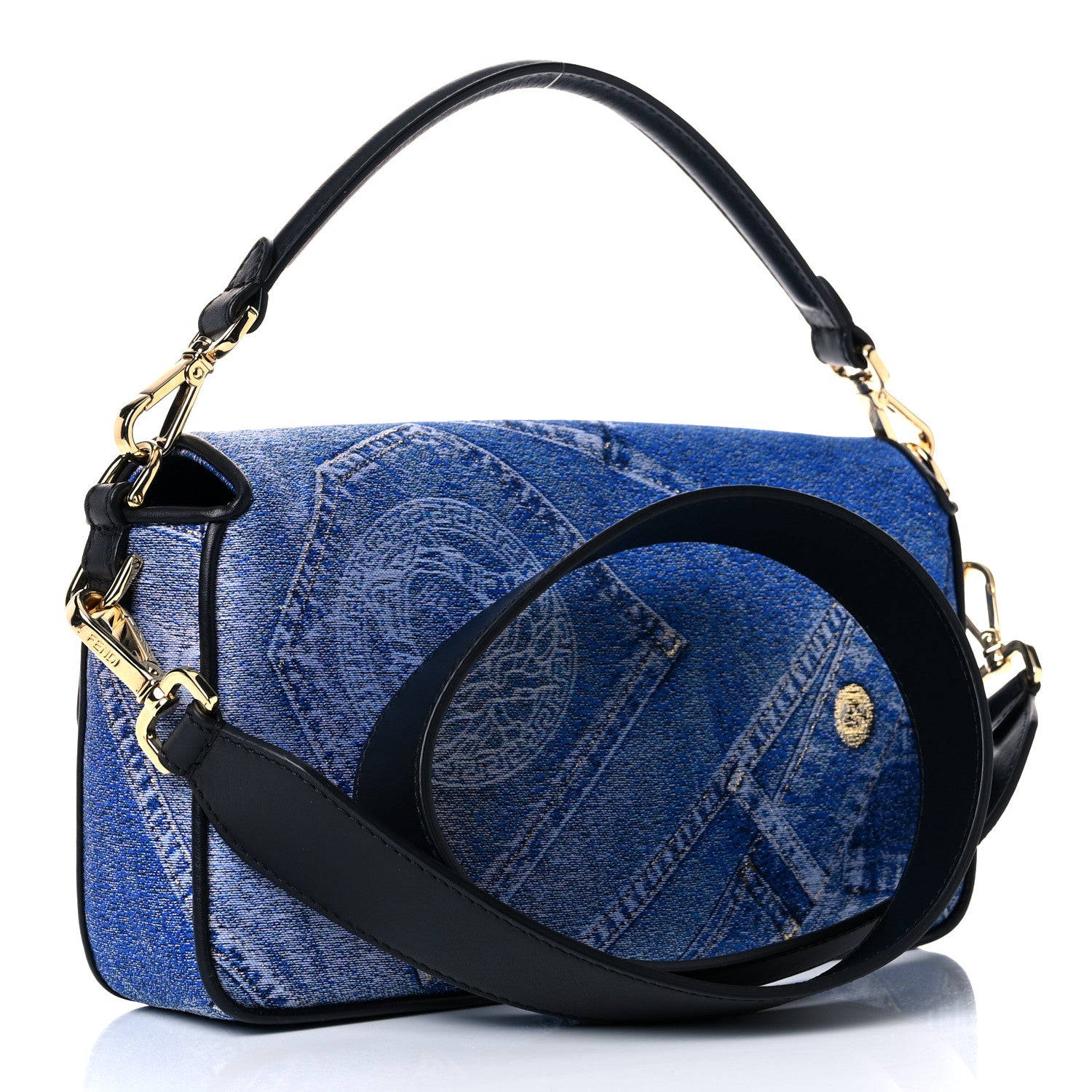 Versace X FENDI Fabric Calfskin Medusa Denim Patchwork Print Baguette Blue Black Gold 3 of 8