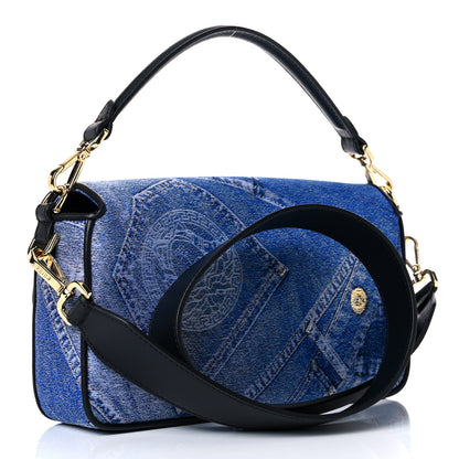 Versace X FENDI Fabric Calfskin Medusa Denim Patchwork Print Baguette Blue Black Gold 3 of 9