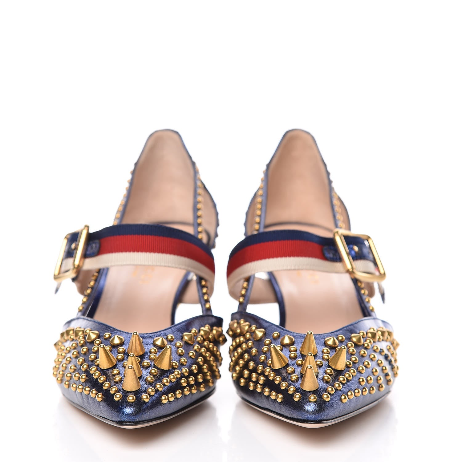 Gucci Metallic Nappa Silk Grosgrain Studded Sylvie Web Bamboo Low Heel Pumps 37 Sapphire 2 of 9