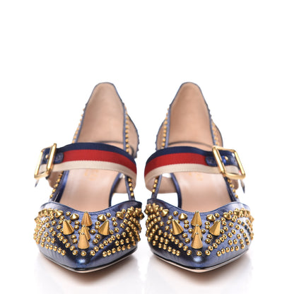Gucci Metallic Nappa Silk Grosgrain Studded Sylvie Web Bamboo Low Heel Pumps 37 Sapphire 2 of 9