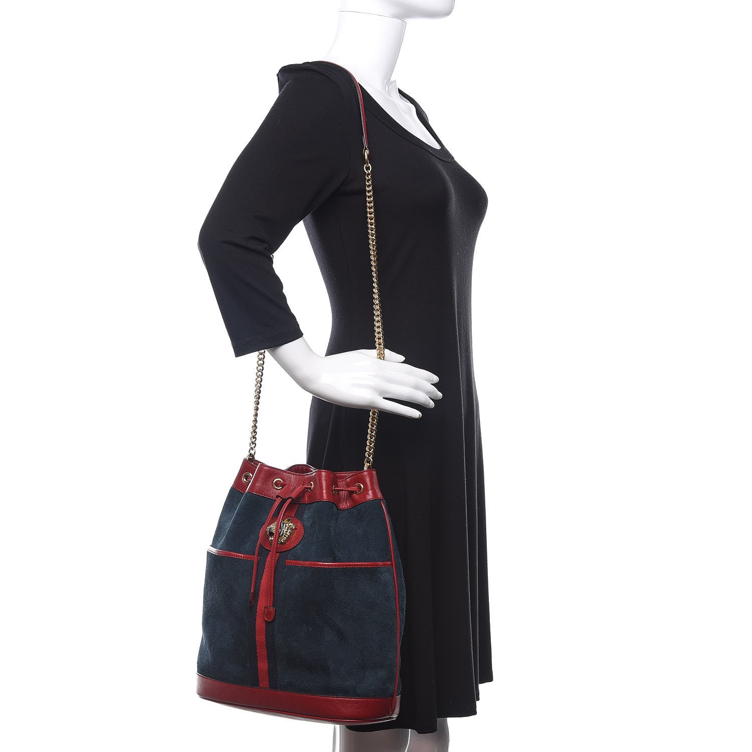 Gucci Suede Calfskin Web Medium Rajah Bucket Bag New Blue Romantic Cherry 2 of 11