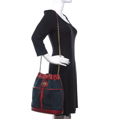Gucci Suede Calfskin Web Medium Rajah Bucket Bag New Blue Romantic Cherry 2 of 11