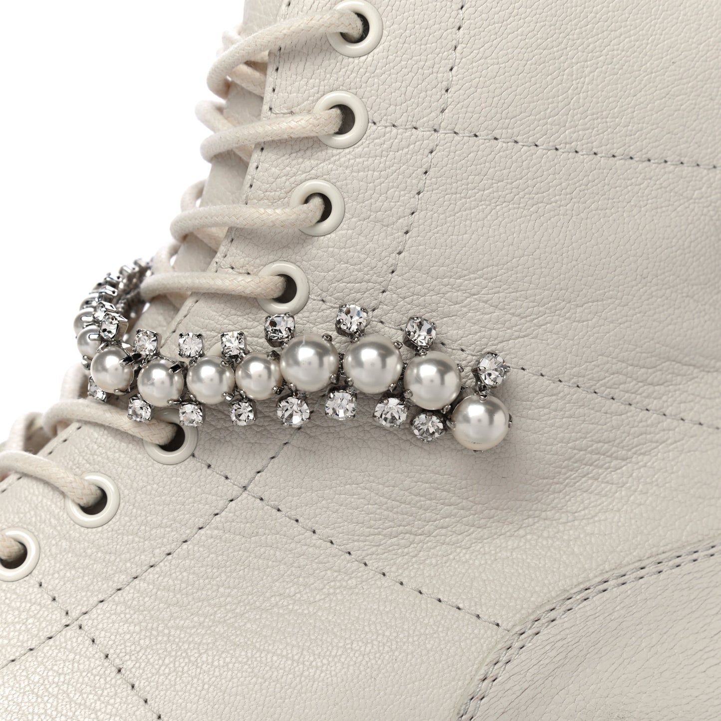 Goatskin Pearl Embellished Cruz Combat Boots 38.5 White