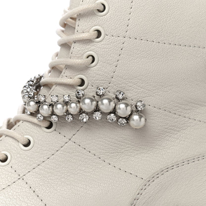 Jimmy Choo Goatskin Pearl Embellished Cruz Combat Boots 38.5 White 10 of 17
