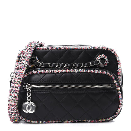 Chanel Lambskin Quilted Tweed Elegant Trim Front Zip Camera Case Black 1 of 10