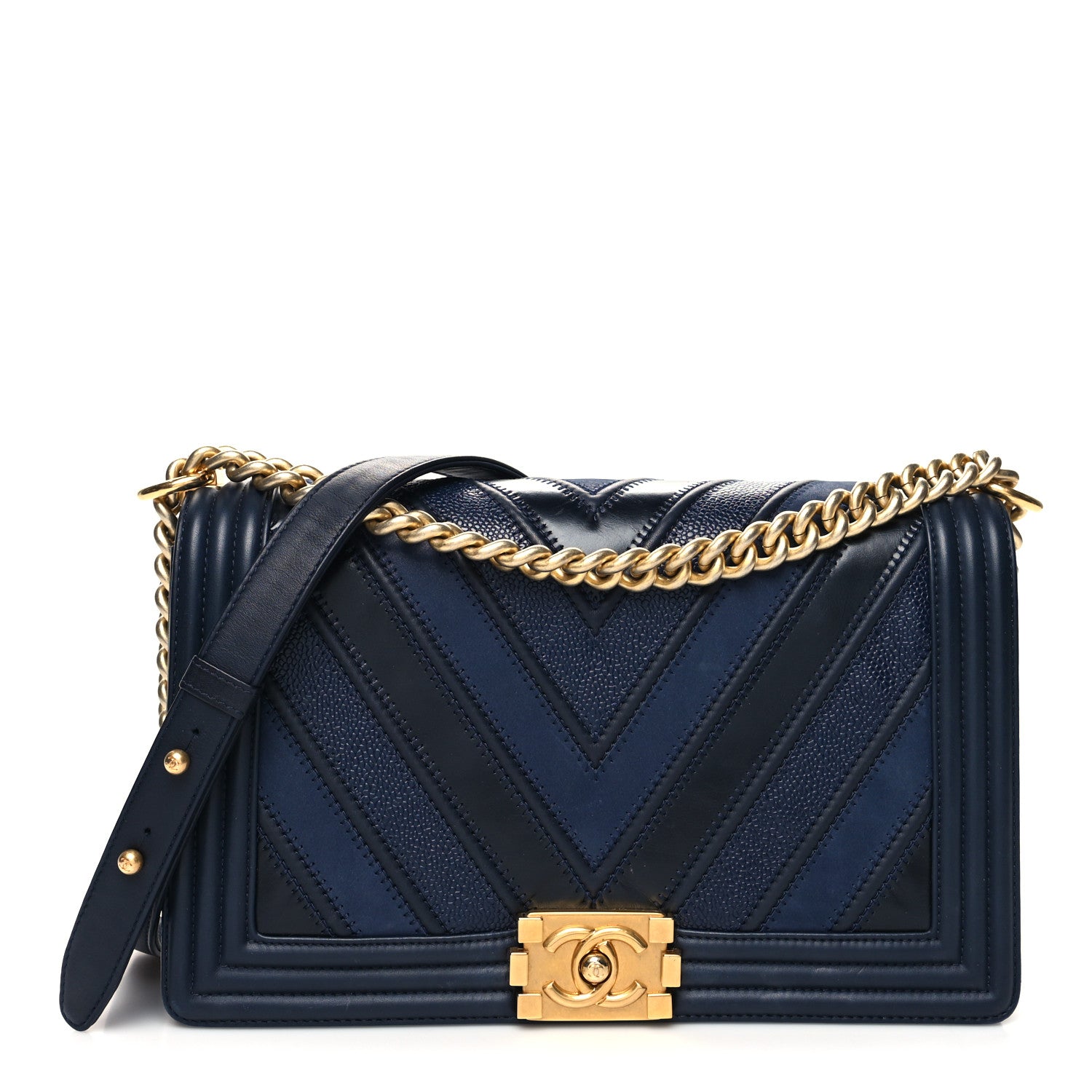 Chanel Calfskin Caviar Suede Chevron New Medium Boy Flap Navy 1 of 11