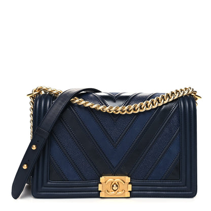 Chanel Calfskin Caviar Suede Chevron New Medium Boy Flap Navy 1 of 11