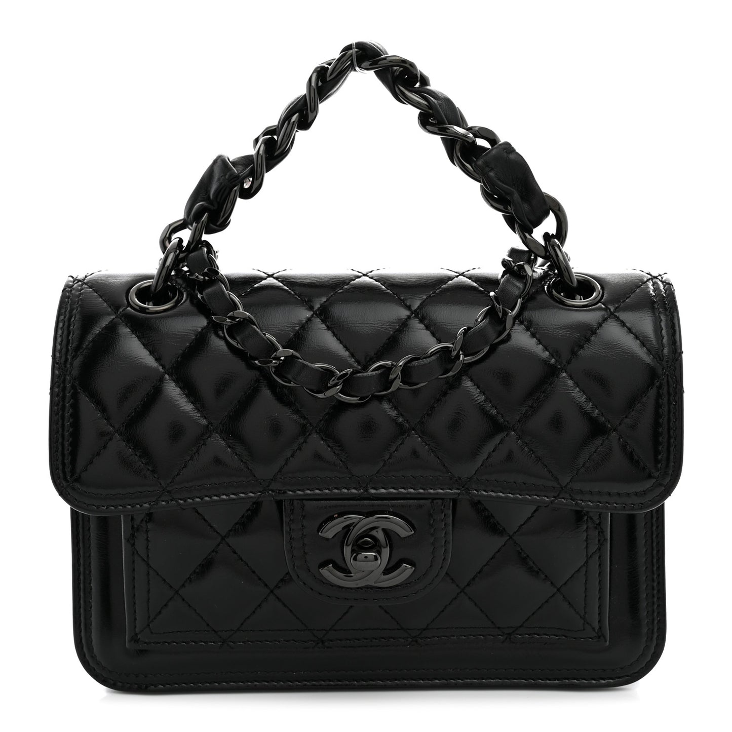 Shiny Crumpled Calfskin Quilted Double You Mini Flap So Black