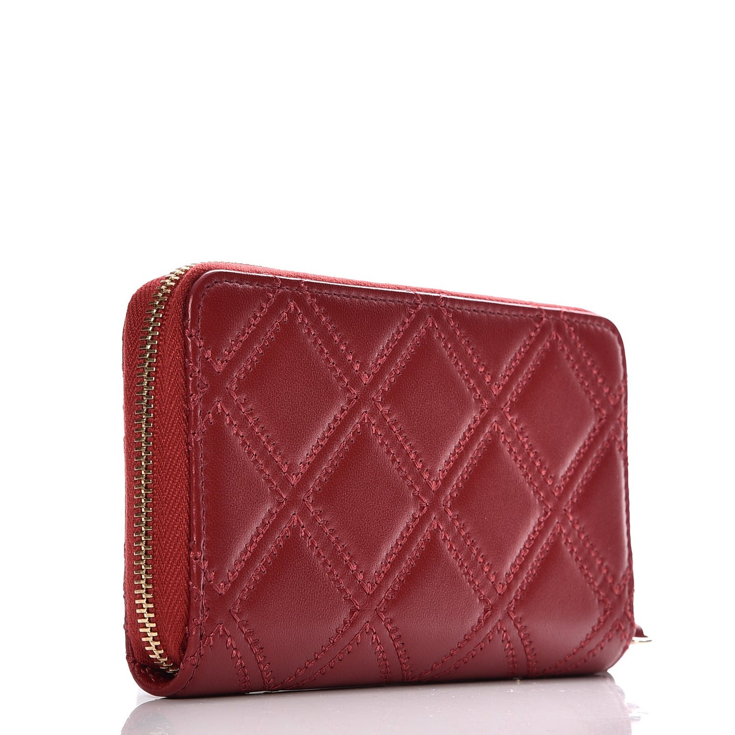 Lambskin Quilted Medium Zip Around Wallet Dark Red