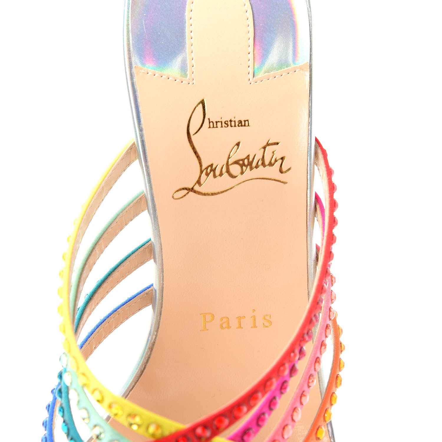 Christian Louboutin Specchio Calfskin Crystal Marthastrass 100 Slide Sandals 37.5 Silver Multicolor 9 of 10