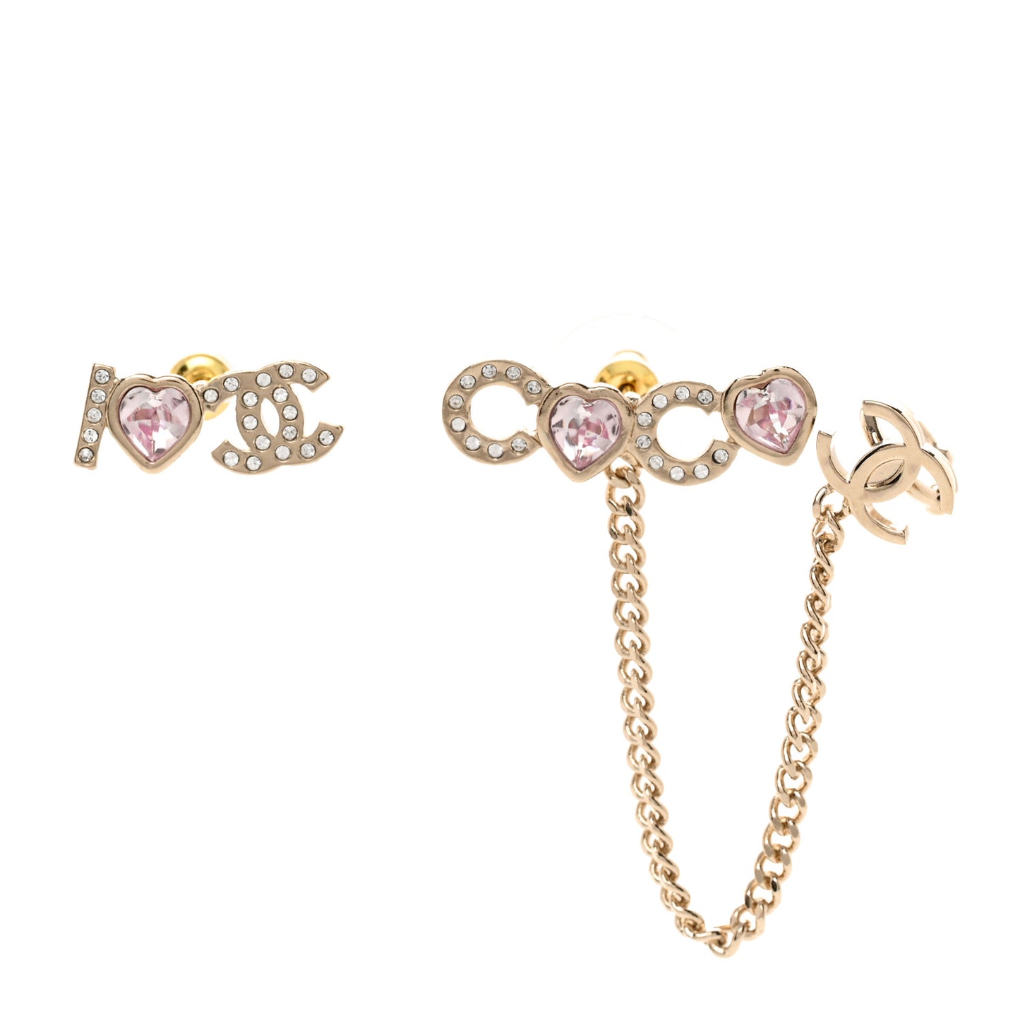 Metal Strass I Love Coco Heart Chain Climber Earrings Gold Pink