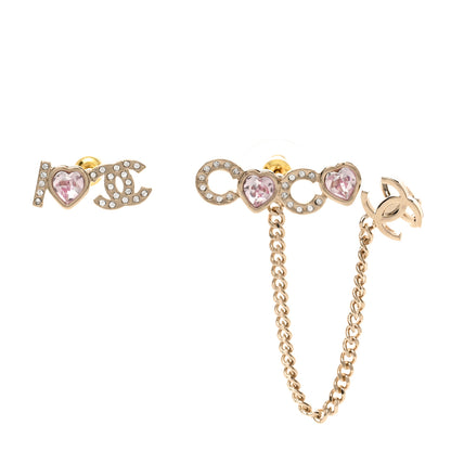 Chanel Metal Strass I Love Coco Heart Chain Climber Earrings Gold Pink 1 of 5