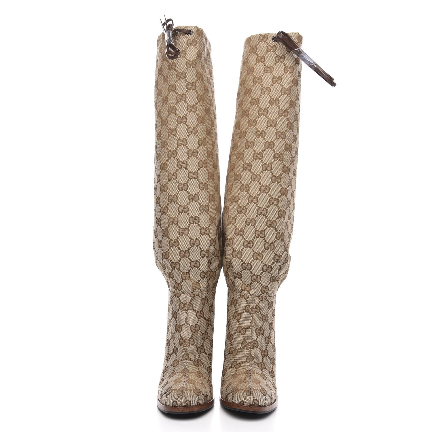 Gucci Monogram Malaga Kid Lisa Mid Heel Boots 37 Beige Ebony 2 of 6