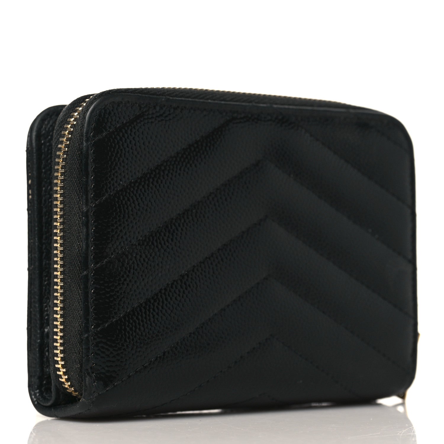 Saint Laurent Grain De Poudre Matelasse Chevron Monogram Compact Zip Around Wallet Black 3 of 7