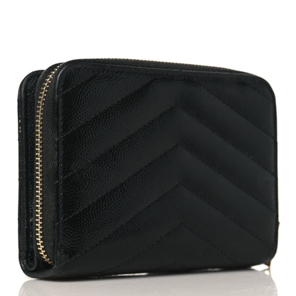 Saint Laurent Grain De Poudre Matelasse Chevron Monogram Compact Zip Around Wallet Black 3 of 7