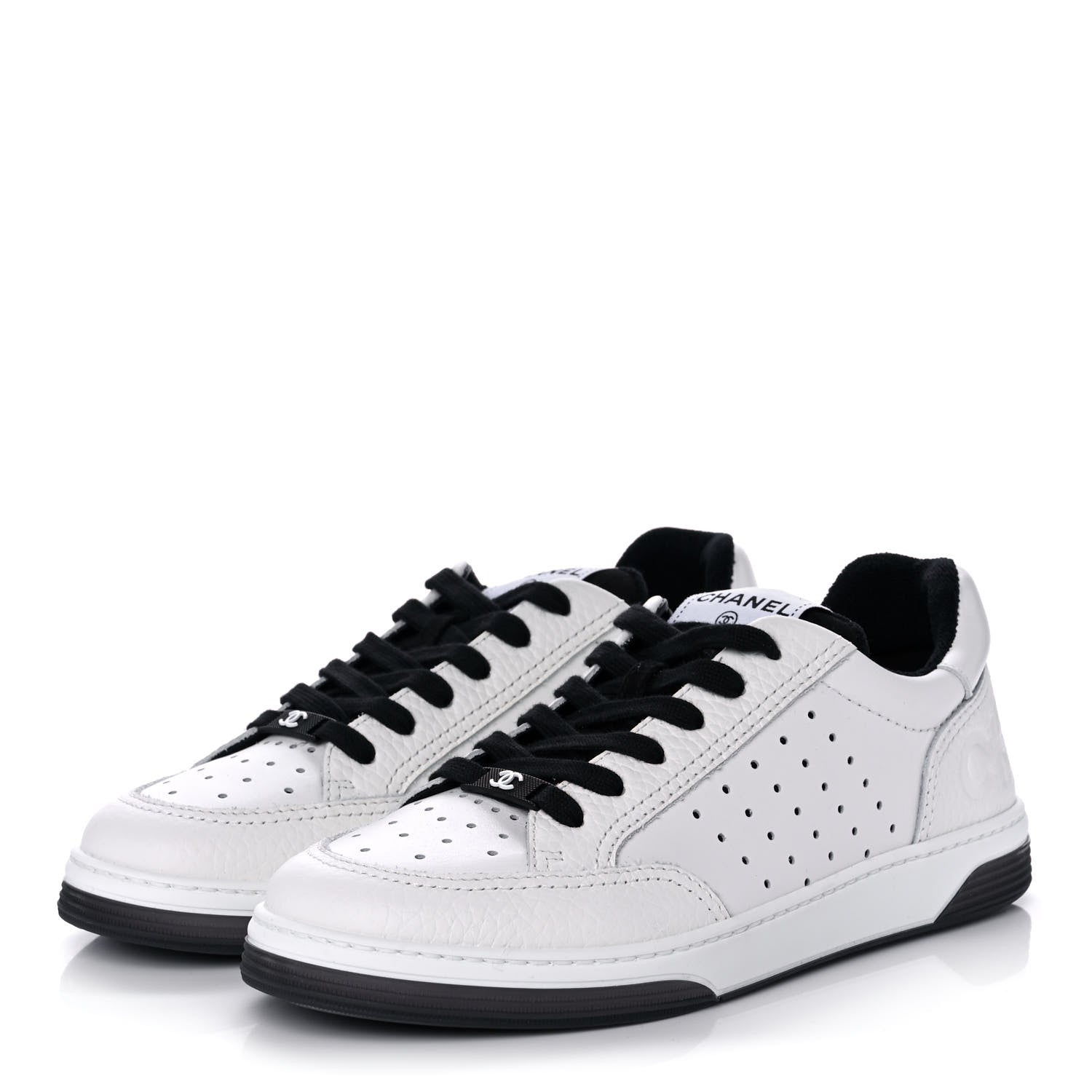 Chanel Grained Calfskin Fabric Womens Logo Sneakers 38 White Black 3 of 8