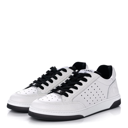Chanel Grained Calfskin Fabric Womens Logo Sneakers 38 White Black 3 of 8