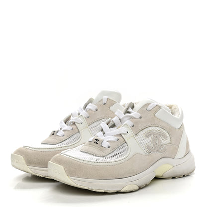 Chanel Suede Calfskin Fabric CC Sneakers 37 White Grey 3 of 8