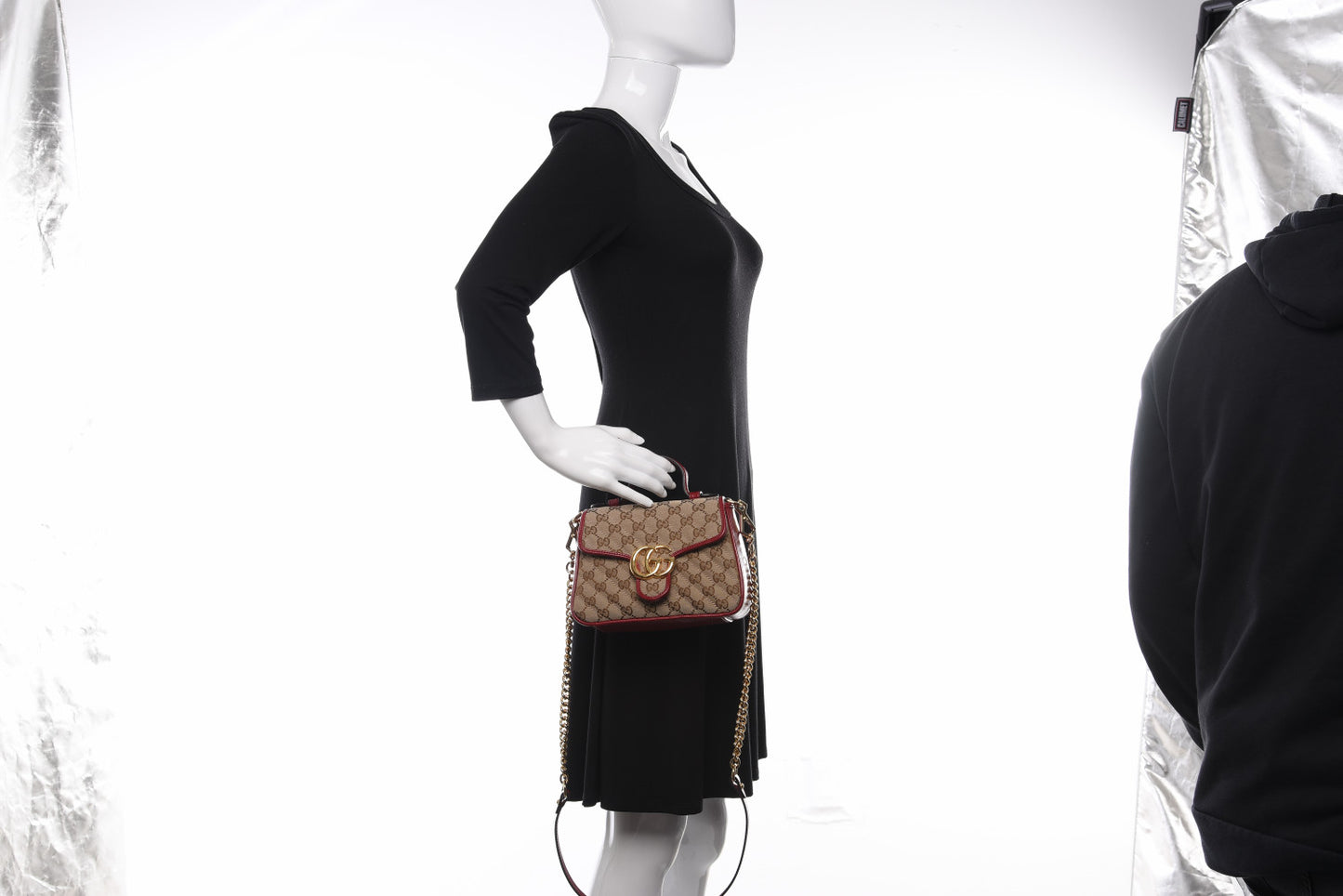 Monogram Glazed Calfskin Matelasse Diagonal Mini GG Marmont Top Handle Shoulder Bag Beige Ebony New Cherry Red