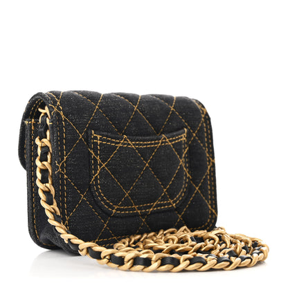 Chanel Denim Quilted Double You Card Holder On Chain Black Golden 3 of 10