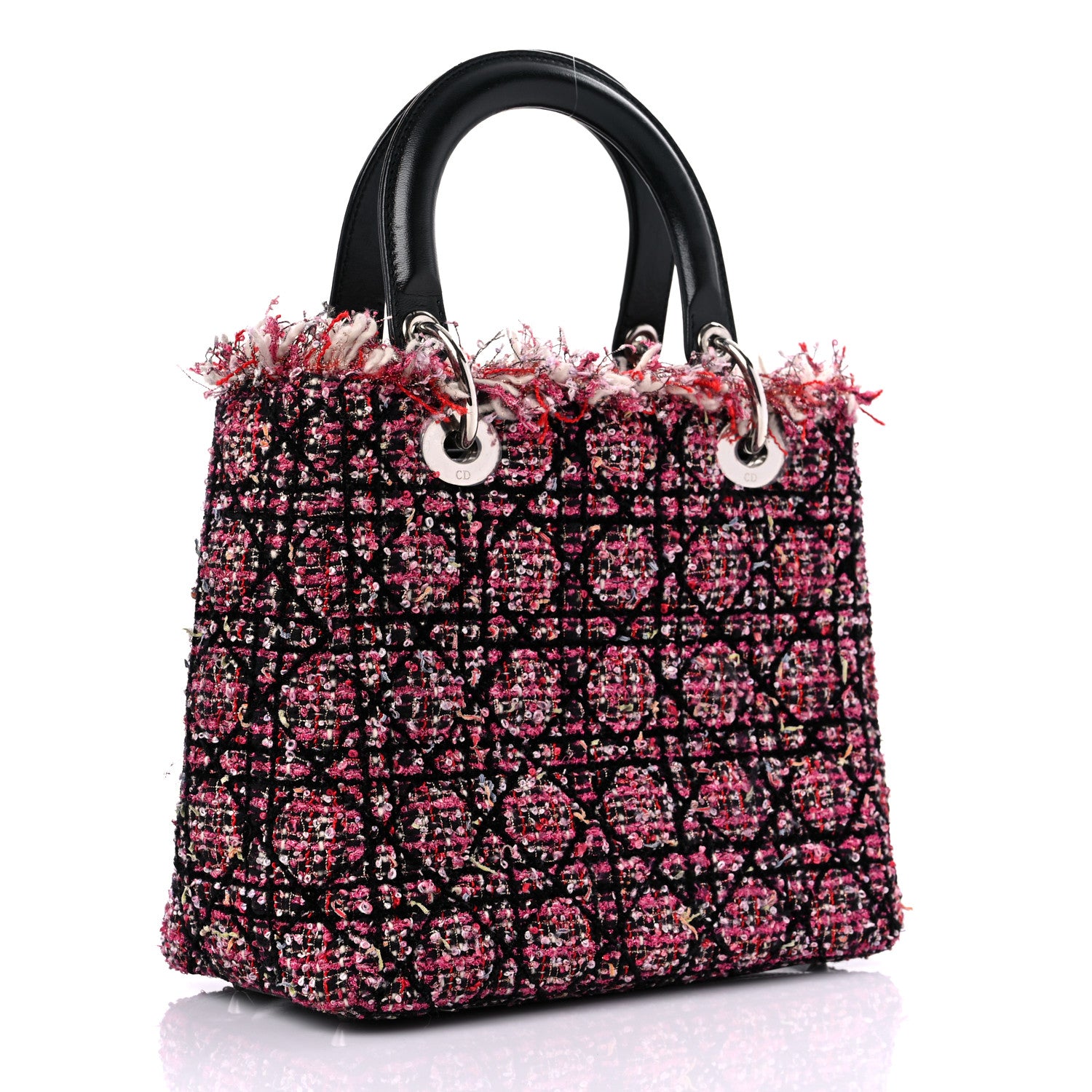 Christian Dior Tweed Fringe Cannage Embroidered Medium Lady Dior Pink Black Multicolor 3 of 12