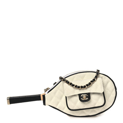 Chanel Canvas Calfskin Tennis Racket Clutch With Chain White Black 1 of 11