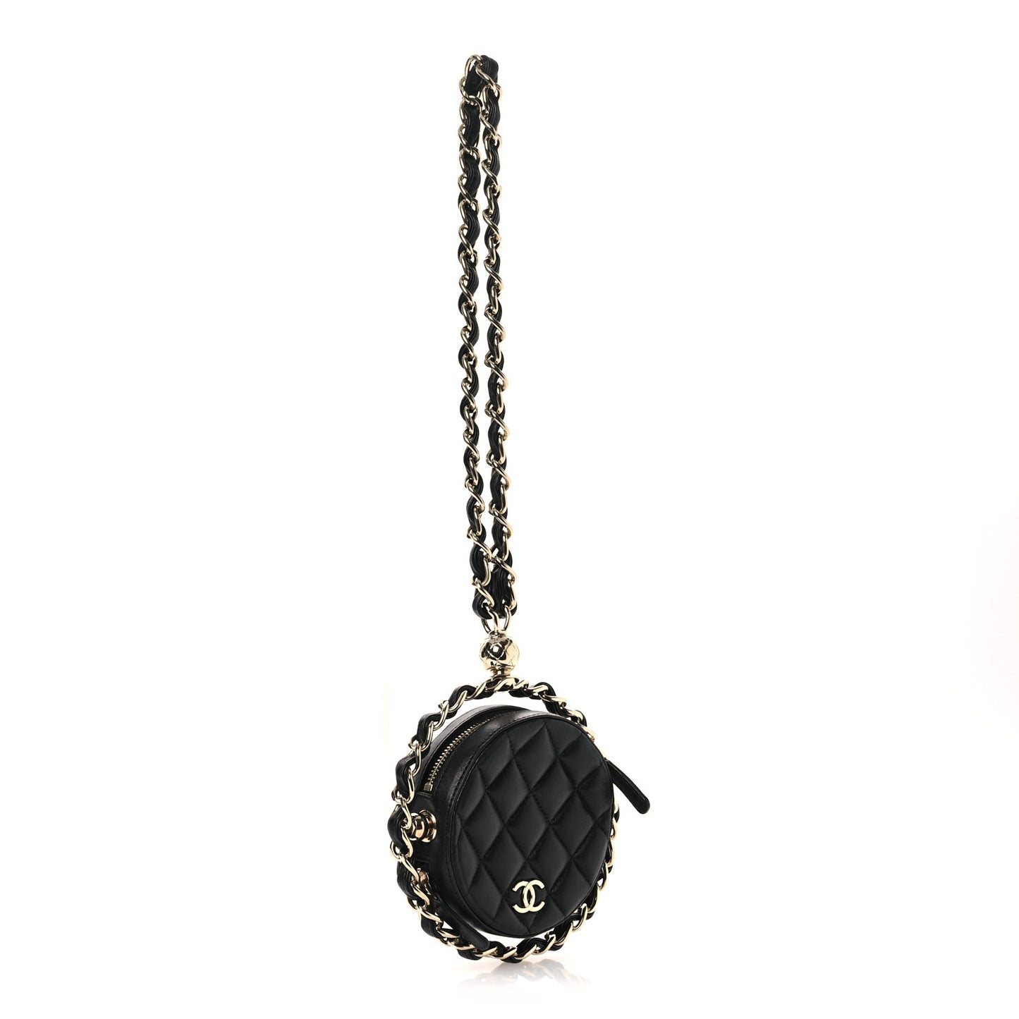 Lambskin Quilted Chain Round Mini Clutch Black