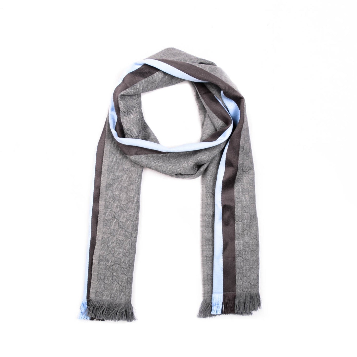 Wool Silk GG Monogram Web Verbier Fringe Scarf Grey