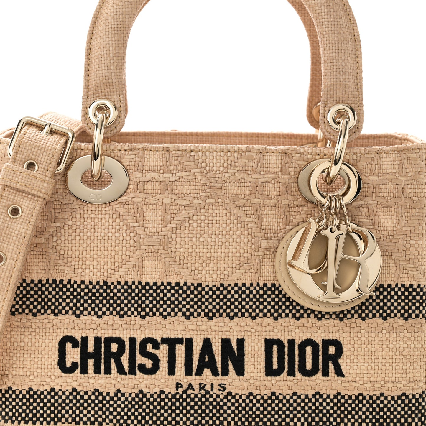 Raffia Woven Cannage Embroidered Medium Lady D-Lite Natural Black