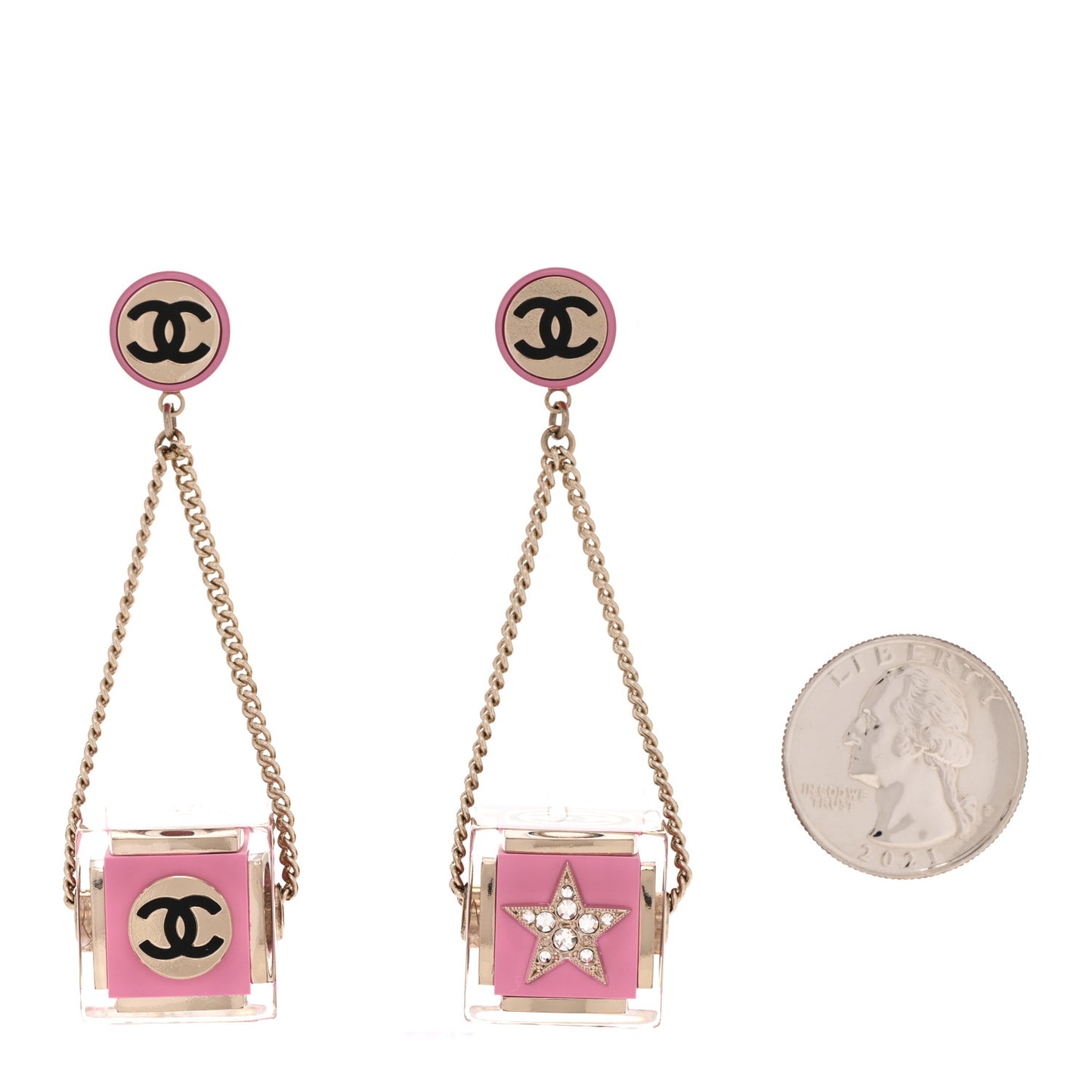 Resin Crystal CC Cube Drop Earrings Gold Pink