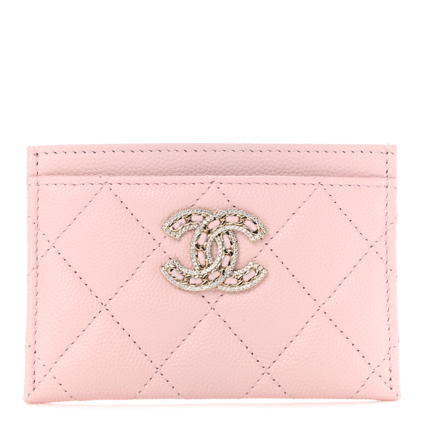 Caviar Quilted Crystal Card Holder Pink